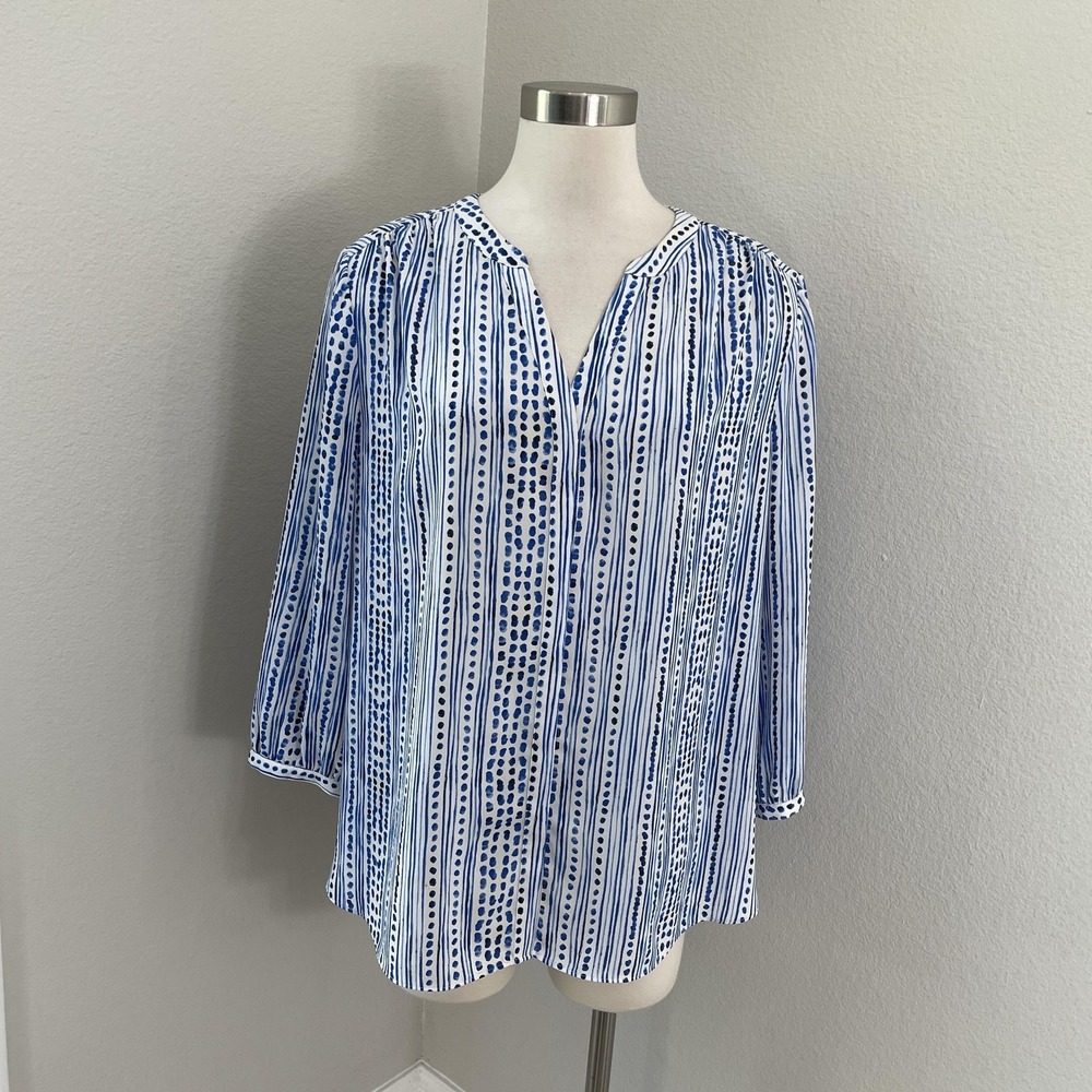 NYDJ Shirt Womens Large Blue White Split Neck 3/4 Sleeve Printed Blouse Pullover